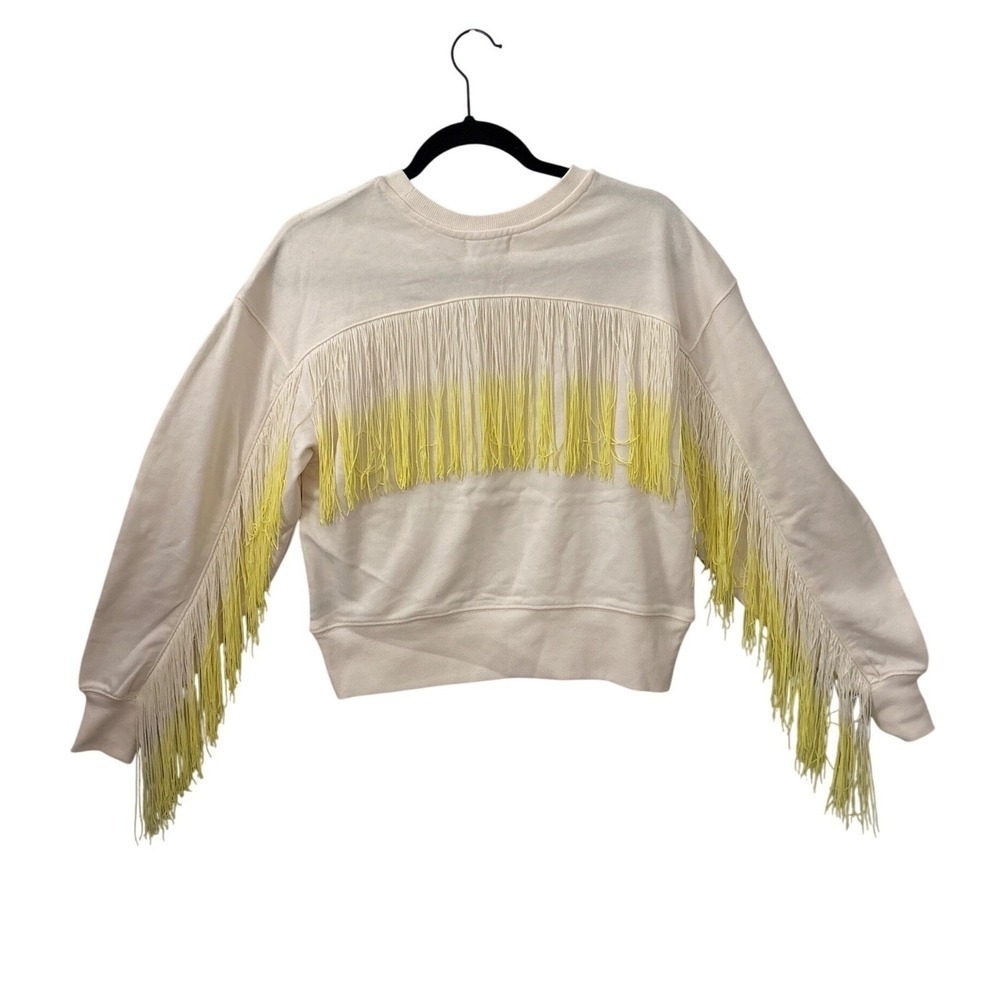 525 Womens XS Cream Sweatshirt Yellow Fringe Crew Neck Long Sleeve